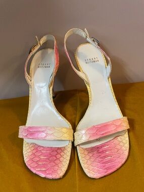 Stuart Weitzman Pink and Yellow Python Print Leather Slingback Heels